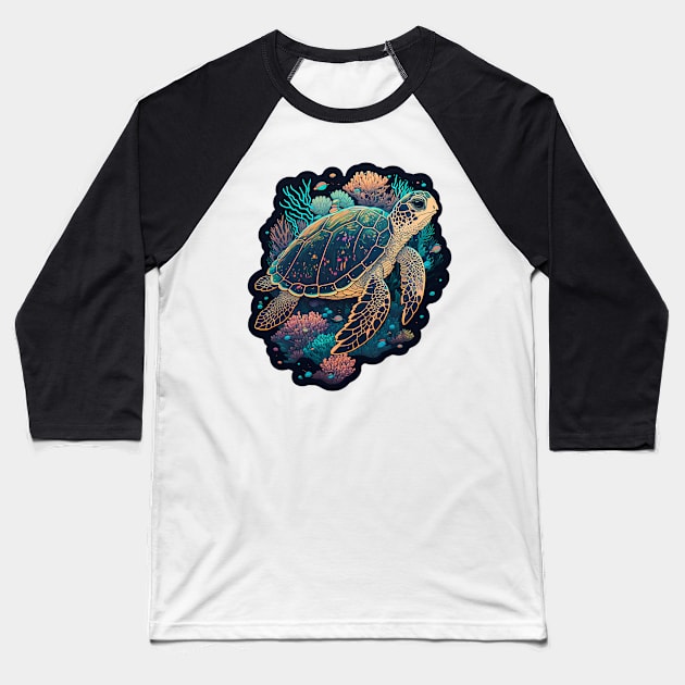 Turtle Coral Surfin' Baseball T-Shirt by newdreamsss